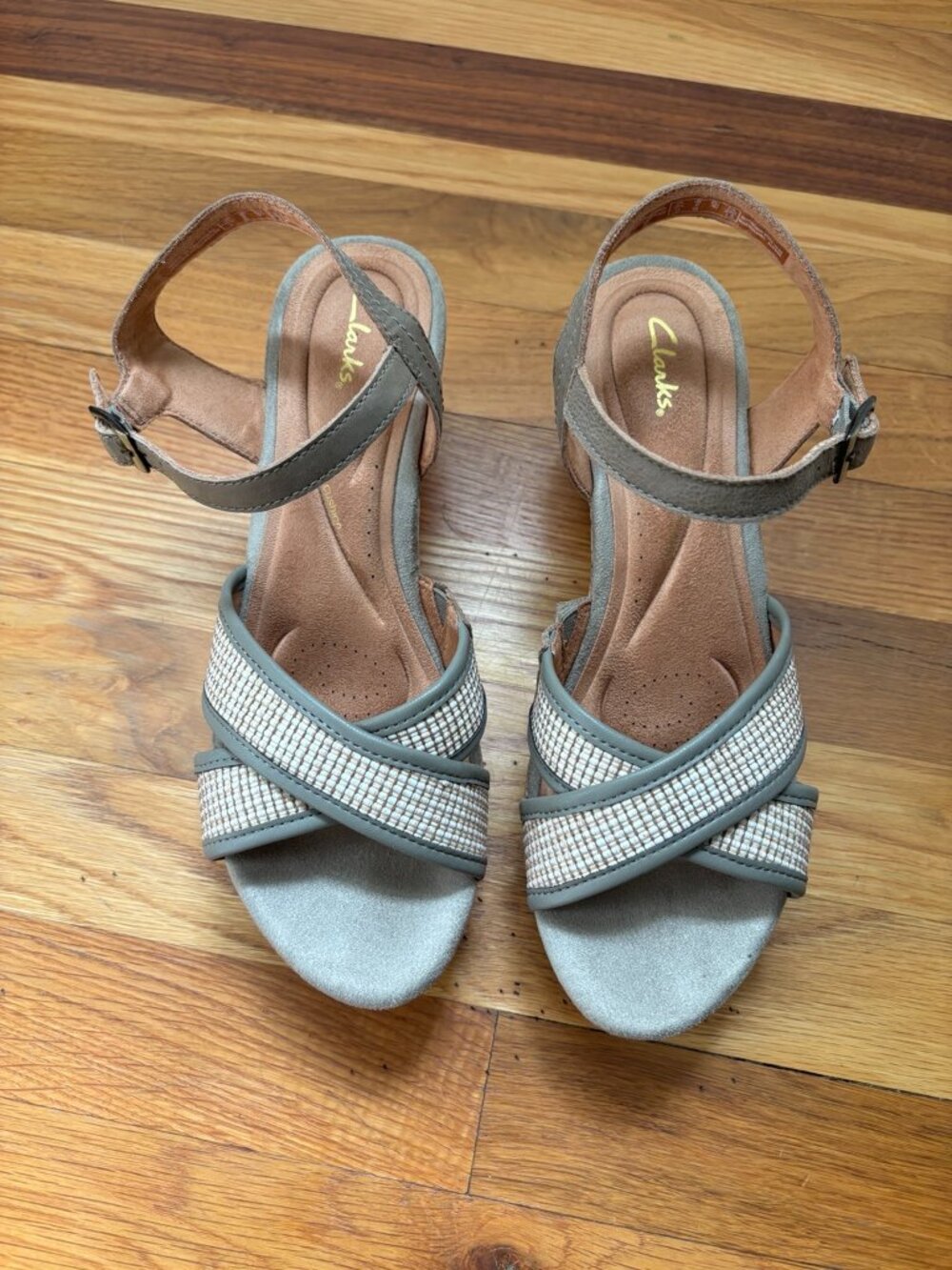 Clarks Artisan Woven Cork Wedge Sandals Olive Taupe | Comfort Platform Heels